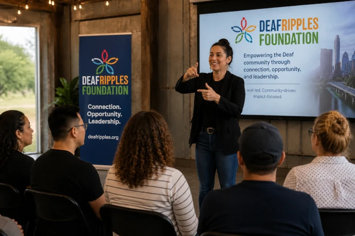 A woman giving a signed presentation to an audience.